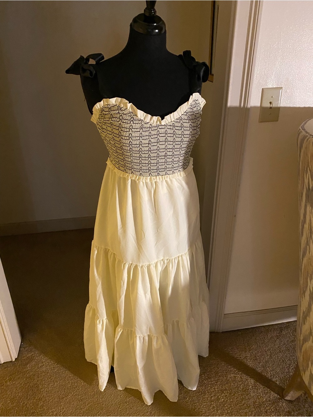 Smocked Bodice Tiered Maxi Dress in Cream with Black Accents